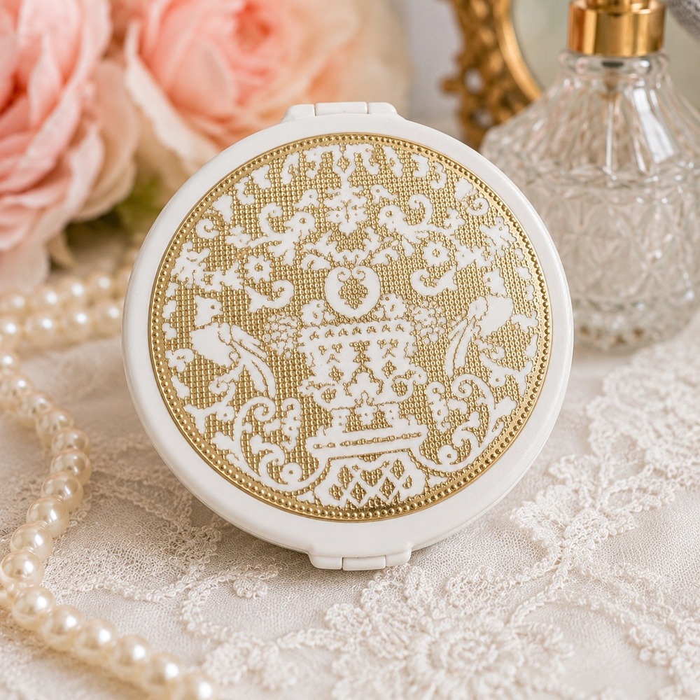 Vintage Revlon Compact Mirror Love Pat Rachel‎ White Gold Filigree Vanity Powder